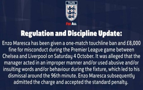 切尔西遭禁赛罚款 无主帅备战下一场比赛 马雷斯卡承认错误